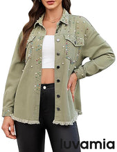 luvamia Jean Jacket for Women Trendy Rhinestone Embellished Long Sleeve Denim Jackets with Pockets