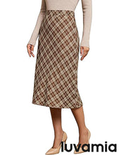 luvamia Plaid Skirts for Women Midi Length High Waisted Trendy A Line Elastic Waist Casual Office Work Fall Skirt