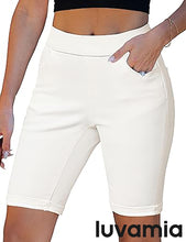 luvamia FleXclusive Bermuda Shorts for Women Jean Pull On Elastic Waist High Waisted Knee Length Fold Hem Stretchy Denim Long Shorts