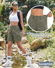 luvamia Cargo Shorts Women High Waisted Casual Elastic Waist 7" Inseam Mid Thigh Hiking Golf Shorts with Utility Pockets