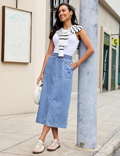 luvamia FleXclusive Jean Skirts for Women High Waisted Midi Denim Drawstring Elastic Waist Long Skirt with Pockets Front Slit