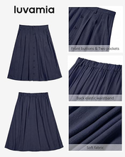 luvamia Linen Skirts for Women Midi Pleated Elastic High Waisted Casual Button Down A Line Flowy Summer Skirt with Pockets