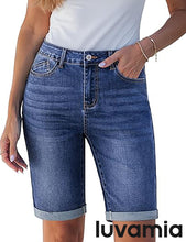 luvamia FleXclusive Bermuda Jean Shorts for Women Knee Length High Waisted Trendy Cuffed Hem Long Stretchy Denim Shorts Summer Jorts