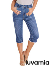 luvamia FleXclusive Capri Jeans for Women Trendy Mid Rise Distressed Raw Hem Casual Summer Stretchy Denim Capris Pants Relaxed Fit