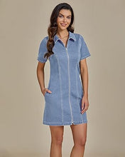 LUVAMIA Women's Short Sleeve Slim Tight Shirt-Neck Symmetrical Simple Versatile Denim Dress