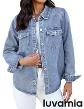 luvamia FleXclusive Denim Jackets for Women Trendy Long Sleeve Distressed Jean Button Down Shirts Jacket Shacket Trucker Jacket