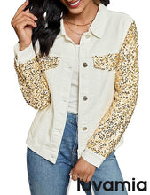 luvamia Sequin Jackets Women Jean Long Sleeves Trendy Sparkly Night Out Party Concert Stretchy Denim Jacket with Pockets