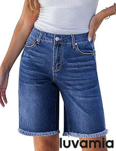 luvamia FleXclusive Jean Bermuda Shorts for Women Trendy Mid Rise Raw Hem Knee Length Stretchy Denim Long Shorts Summer Casual Jorts