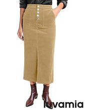 luvamia Corduroy Skirts for Women Midi Length High Waisted Button Fly Fall Casual Elastic Waist Long Skirt with Slit