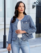 luvamia FleXclusive Women's Button Down Long Sleeves Crew Neck Denim Jacket