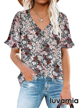 luvamia Women's Casual V Neck Tops Ruffle Short Sleeve Blouses Button Down Shirts