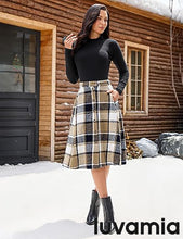 LUVAMIA High Waist A Line Maxi Skirt Women Plaid with Pockets Long Vintage Style Fall Winter