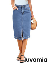 LUVAMIA Women's Brief Denim Midi Knee-Length Skirt Vintage Split High-Waist