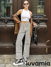 luvamia Striped Jeans for Women Wide Leg High Waisted Trendy Patch Pockets Stretchy Denim Pants Casual Trouser Jeans