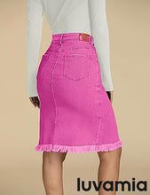 luvamia Women's Casual Mid Rise Button Down Frayed Raw Hem Fit Denim Jean Skirt