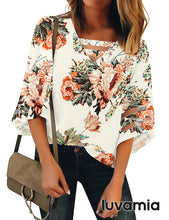 luvamia Women Casual Strappy V Neck Blouse 3/4 Bell Sleeve Mesh Panel Shirts Top