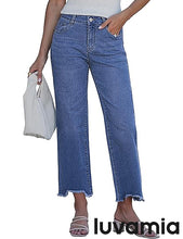 luvamia FleXclusive Straight Leg Jeans for Women Cropped Trendy Mid Rise Baggy Loose Distressed Casual Raw Hem Stretchy Denim Pants