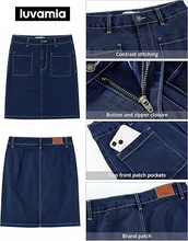 luvamia FleXclusive Jean Skirts for Women High Waisted Trendy Stretchy A-line Contrast Stitching Patch Pocket Short Denim Skirt