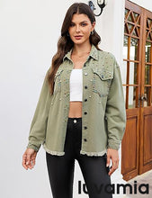 luvamia Jean Jacket for Women Trendy Rhinestone Embellished Long Sleeve Denim Jackets with Pockets