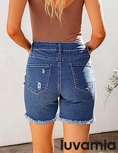 LUVAMIA Women's High Waisted Distressed Raw Hem Stretch Denim Shorts