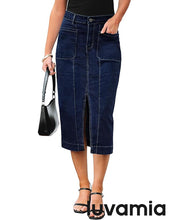 LUVAMIA Women's Skirts High Waisted Below Knee Split Hem Denim Bodycon Midi