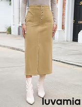 luvamia Corduroy Skirts for Women Midi Length High Waisted Button Fly Fall Casual Elastic Waist Long Skirt with Slit