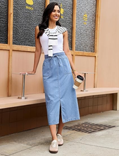 luvamia FleXclusive Jean Skirts for Women High Waisted Midi Denim Drawstring Elastic Waist Long Skirt with Pockets Front Slit