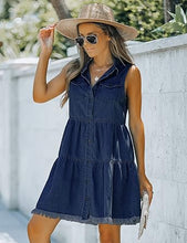 luvamia Women's Casual Summer Lapel Sleeveless Button Down Short Denim Jean Dress