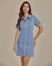 LUVAMIA Women's Short Sleeve Slim Tight Shirt-Neck Symmetrical Simple Versatile Denim Dress