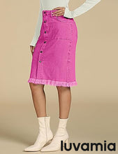 luvamia Women's Casual Mid Rise Button Down Frayed Raw Hem Fit Denim Jean Skirt