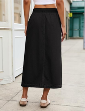 luvamia FleXclusive Jean Skirts for Women High Waisted Midi Denim Drawstring Elastic Waist Long Skirt with Pockets Front Slit