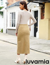 luvamia Corduroy Skirts for Women Midi Length High Waisted Button Fly Fall Casual Elastic Waist Long Skirt with Slit