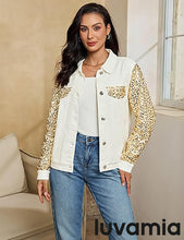 luvamia Sequin Jackets Women Jean Long Sleeves Trendy Sparkly Night Out Party Concert Stretchy Denim Jacket with Pockets