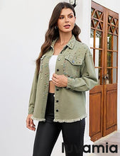 luvamia Jean Jacket for Women Trendy Rhinestone Embellished Long Sleeve Denim Jackets with Pockets