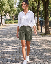 luvamia Cargo Shorts Women High Waisted Casual Elastic Waist 7" Inseam Mid Thigh Hiking Golf Shorts with Utility Pockets