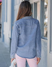 luvamia FleXclusive Denim Jackets for Women Trendy Long Sleeve Distressed Jean Button Down Shirts Jacket Shacket Trucker Jacket