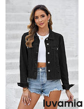 luvamia Women's Basic Button Down Stretch Fitted Long Sleeves Denim Jean Jacket