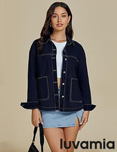 LUVAMIA Women's Street Fashion Denim Jacket Lapel Long Sleeve Coat