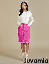 luvamia Women's Casual Mid Rise Button Down Frayed Raw Hem Fit Denim Jean Skirt