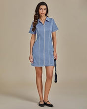 LUVAMIA Women's Short Sleeve Slim Tight Shirt-Neck Symmetrical Simple Versatile Denim Dress