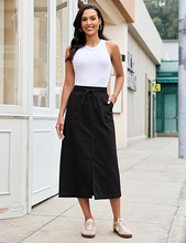 luvamia FleXclusive Jean Skirts for Women High Waisted Midi Denim Drawstring Elastic Waist Long Skirt with Pockets Front Slit
