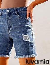 LUVAMIA Women's High Waisted Distressed Raw Hem Stretch Denim Shorts