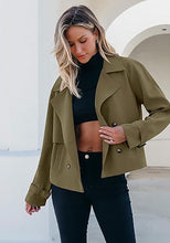 luvamia Cropped Trench Coat for Women Long Sleeve Double Breasted Notched Lapel Casual Loose Fit Jackets with Pockets