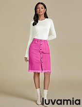 luvamia Women's Casual Mid Rise Button Down Frayed Raw Hem Fit Denim Jean Skirt