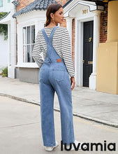 LUVAMIA Women's Denim Wide Leg Jumpsuit Side Snap Closure Five Pocket Utility