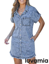 luvamia Denim Dress for Women Button Down Short Sleeves Casual Summer Jean Shirt Dresses with Pockets Frayed Hem