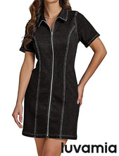 LUVAMIA Women's Short Sleeve Slim Tight Shirt-Neck Symmetrical Simple Versatile Denim Dress