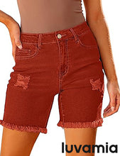 LUVAMIA Women's High Waisted Distressed Raw Hem Stretch Denim Shorts