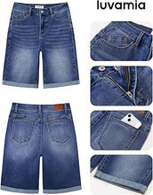 luvamia FleXclusive Bermuda Jean Shorts for Women Knee Length High Waisted Trendy Cuffed Hem Long Stretchy Denim Shorts Summer Jorts