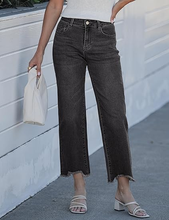luvamia FleXclusive Straight Leg Jeans for Women Cropped Trendy Mid Rise Baggy Loose Distressed Casual Raw Hem Stretchy Denim Pants